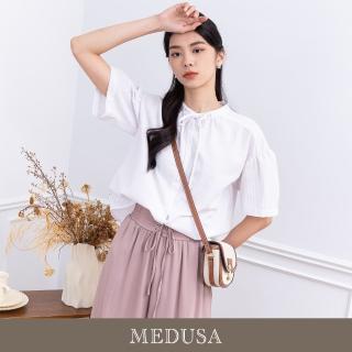 【MEDUSA 曼度莎】現貨-小立領綁結壓紋傘襬上衣（M-XL）｜女上衣 短袖上衣 休閒上衣(301-54901)