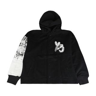 【Y-3 山本耀司】Y-3 毛絨布章LOGO拼袖純棉長袖連帽外套(平輸品/男款/黑x白)