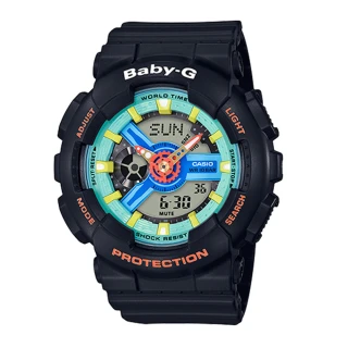 【CASIO 卡西歐】BABY-G 90年代色彩 雙顯女錶 樹脂錶帶 綠X藍X紅色錶面 防水100米 世界時間(BA-110NR-1A)