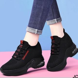 【JC Collection】質感飛織透氣彈力帥氣氣墊厚底內增高顯瘦休閒鞋運動鞋(黑紅)