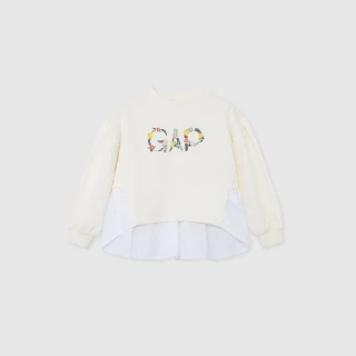 【GAP】女童裝 Logo印花假兩件圓領長袖上衣-奶白色(890218)