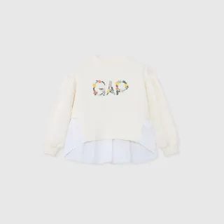 【GAP】女童裝 Logo印花假兩件圓領長袖上衣-奶白色(890218)