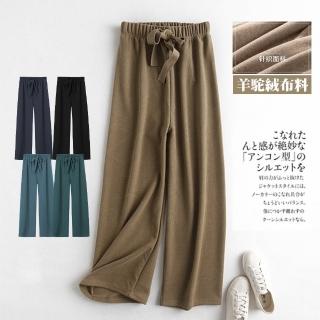 【QIDINA】韓版高質感保暖羊駝絨加厚寬鬆顯瘦百搭褲(黑色長褲女 寬褲子女 落地褲 保暖褲 九分褲)
