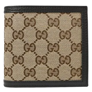 【GUCCI 古馳】經典雙G LOGO緹花布皮飾邊雙層3卡零錢短夾(駝)