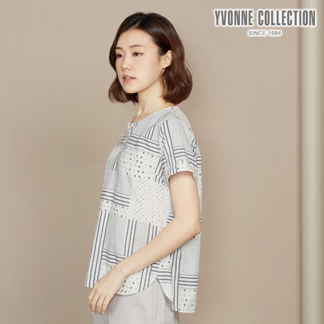 【YVONNE 以旺傢飾】方巾印花半開襟短袖上衣(淺卡其)