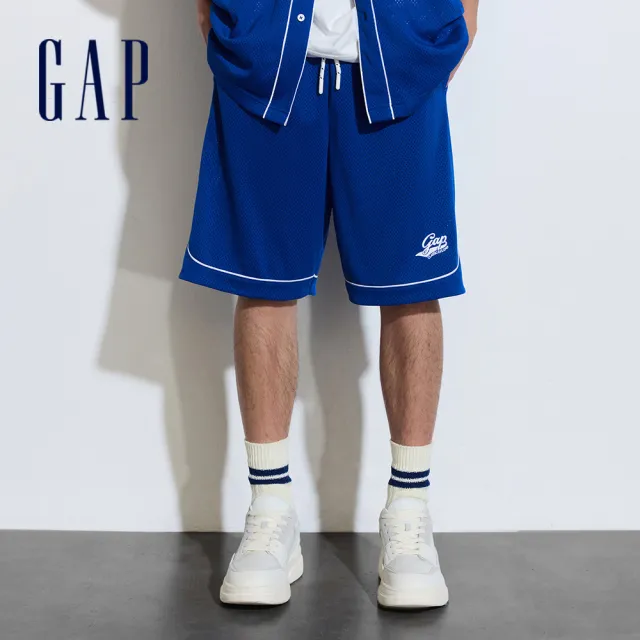 【GAP】男裝 Logo抽繩鬆緊短褲-藍色(889600)