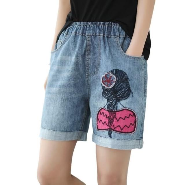 【巴黎精品】現貨+預購 牛仔褲丹寧短褲(人物拼布刺繡女褲子a1ei29)