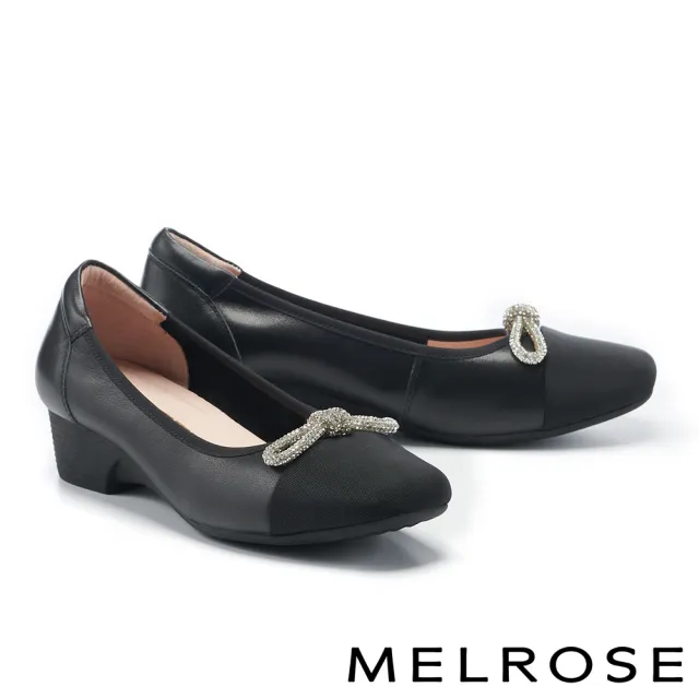 【MELROSE】美樂斯 雲朵後跟 經典優雅晶鑽蝴蝶結拼接牛皮楔型低跟鞋(黑)