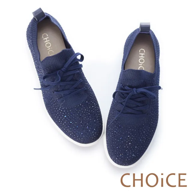 【CHOiCE】華麗運動風 針織布面燙鑽綁帶休閒鞋(藍色)