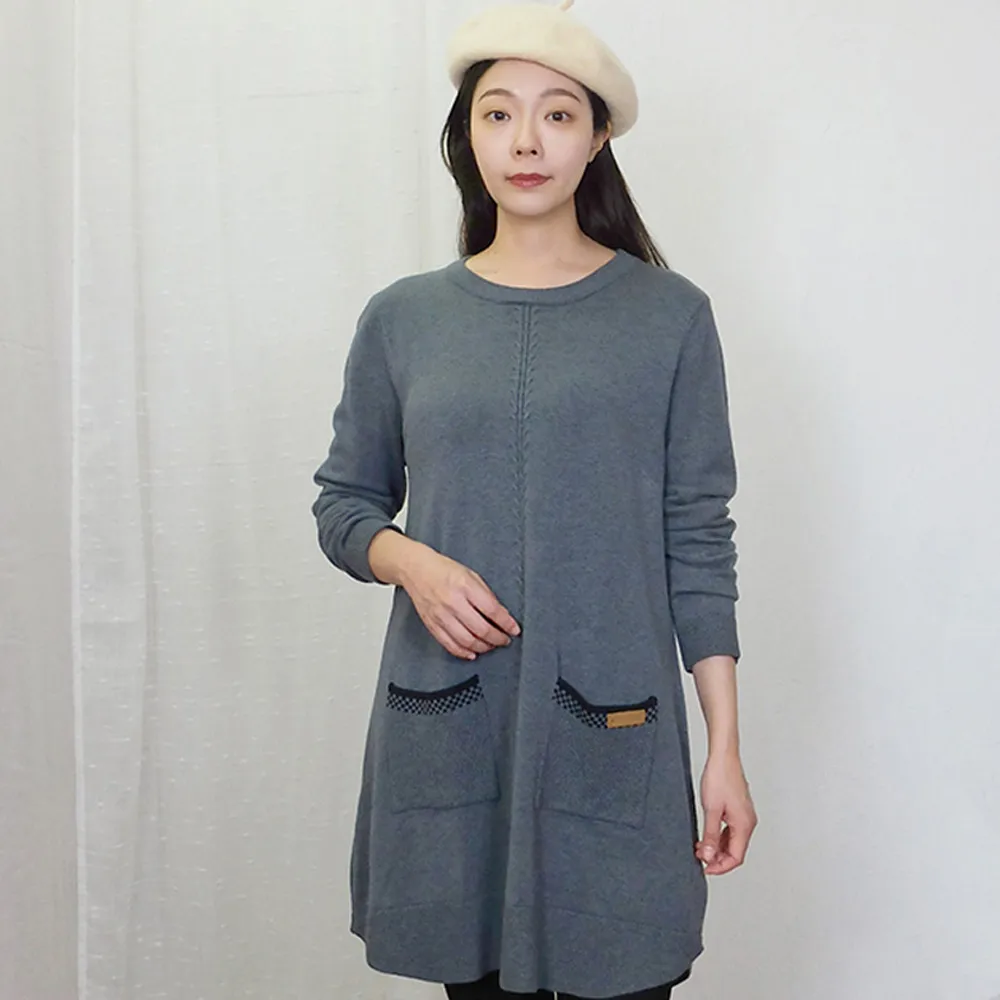 【Hana Mokuba】花木馬日系女裝圓領正肩造型小口袋長版毛衣(針織衫)