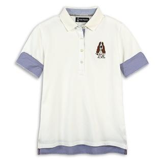 【Hush Puppies】女裝 POLO衫 知性假兩件袖開岔刺繡狗短袖POLO衫(米白 / 43201103)