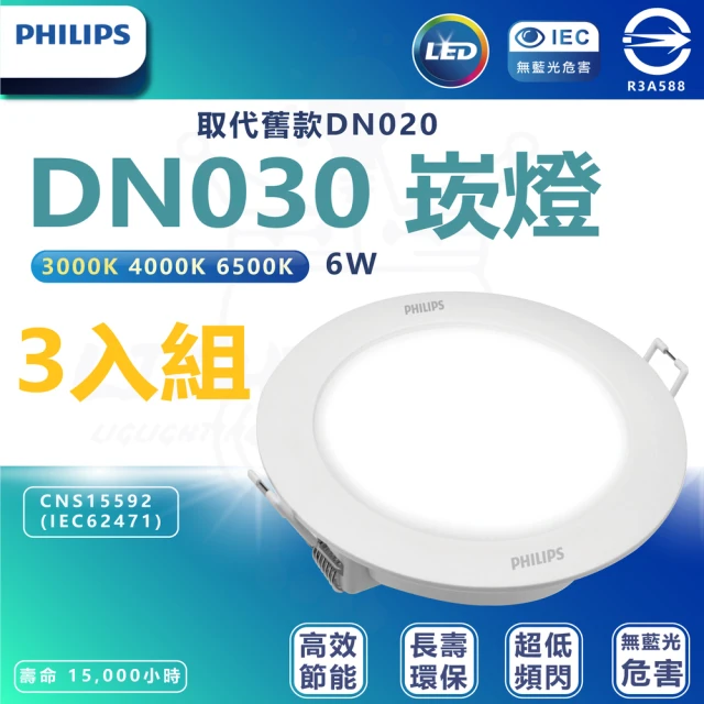 Philips 飛利浦 3入組 DN030 6W崁燈 嵌入孔9cm(白光/中性光/黃光)