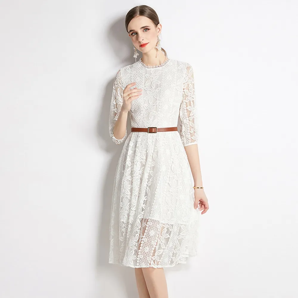 【M2M】玩美衣櫃白色蕾絲洋裝五分袖收腰連身裙M-2XL