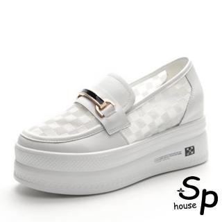 【Sp house】格紋網面真皮圓頭厚底樂福休閒鞋(白色)