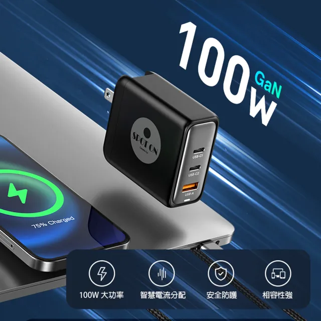 100W GaN氮化鎵PD+QC3.0三孔2C1A快充充電器/筆電快充+C to C 100W充電線(支援MAC/iPhone)