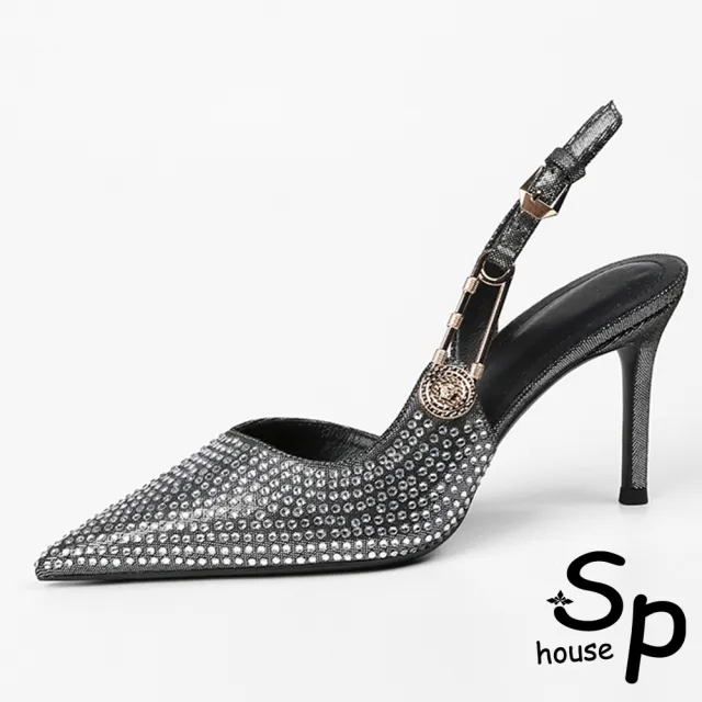 【Sp house】迴紋針鈕扣水鑽尖頭後空細高跟鞋(2色可選)