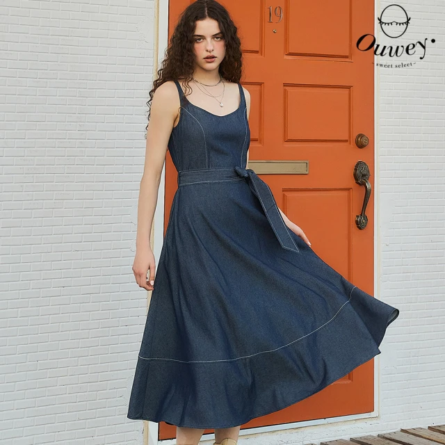 OUWEY 歐薇 刷色無袖抽鬚率性牛仔洋裝(藍色；XS-L；