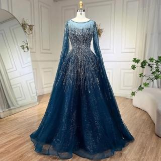 【女神婚紗禮服】極致輕奢漸層串珠亮片透視圓領披肩垂尾禮服LA72248A海軍藍(選美宴會敬酒 高階晚禮服)