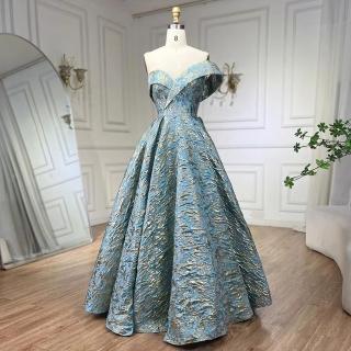 【女神婚紗禮服】奢華錦緞緹花刺繡立體一字斜肩墜地長禮服BLA6486藍金色(選美宴會敬酒 高階晚禮服)