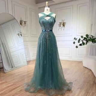 【女神婚紗禮服】奢華手工串珠無袖交叉心領A字魚尾晚禮服LA72322土耳其綠色(選美宴會敬酒 高階晚禮服)
