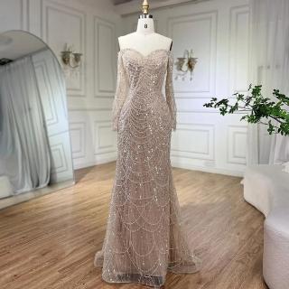 【女神婚紗禮服】高階奢華桃心領一字肩手工串珠魚尾晚禮服LA72243裸膚金(選美宴會敬酒 高階晚禮服)