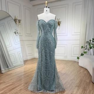 【女神婚紗禮服】高階奢華桃心領一字肩手工串珠魚尾晚禮服LA72243鼠尾草綠(選美宴會敬酒 高階晚禮服)