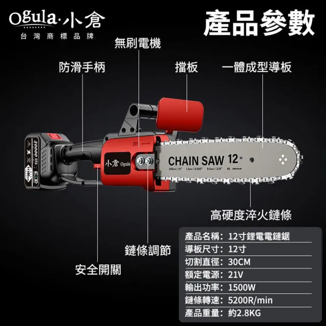 【Ogula 小倉】12寸無刷電鏈鋸 耐200°高溫 兩電一充(無刷電鏈鋸 鋰電鋸 鏈鋸 12寸電鏈鋸)