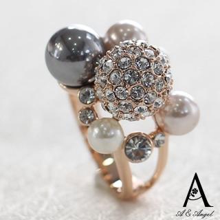 【ANGEL】灰白珍珠晶鑽球個性歐美戒指(金色尺寸可選)