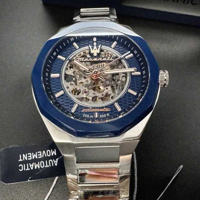 MASERATI 瑪莎拉蒂 MASERATI手錶型號R8823142004(寶藍色雙面機械鏤空錶面寶藍錶殼銀色精鋼錶帶款)