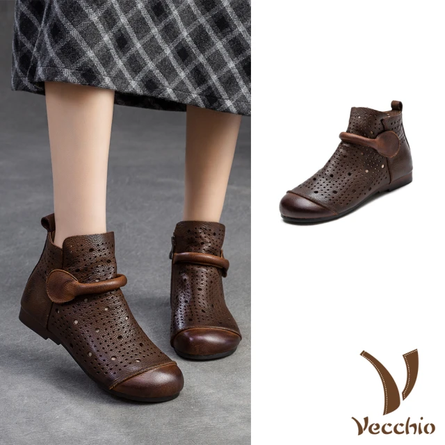 Vecchio 真皮短靴 低跟短靴/全真皮頭層牛皮縷空沖孔復古低跟短靴 涼靴(棕)
