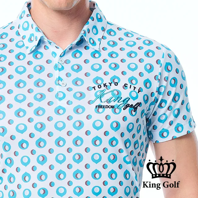 【KING GOLF】實體同步款-男款水滴造型印圖KG刺繡短袖POLO衫/高爾夫球衫(白色)
