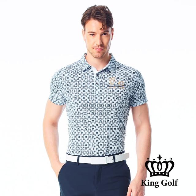 【KING GOLF】實體同步款-男款連續圖騰滿版印圖KG印花短袖POLO衫/高爾夫球衫(藍色)