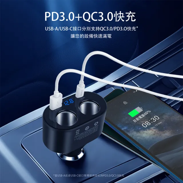 【NOKIA】P6106N 120W typeC/USB 電壓顯示 PD+QC 一轉二車充(TypeC充電線超值組)