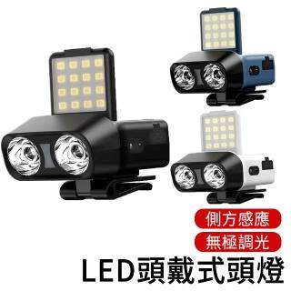 【LUYOO】智慧感應式LED頭戴式頭燈 COB帽夾燈 無極調光雙頭燈 登山露營燈 探照燈