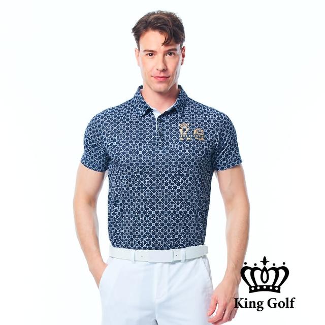 【KING GOLF】速達-實體同步款-男款連續圖騰滿版印圖KG印花短袖POLO衫/高爾夫球衫(丈青)
