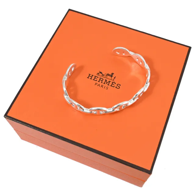 【Hermes 愛馬仕】品牌經典H LOGO豬鼻子造型純銀手環(銀)