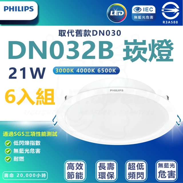 Philips 飛利浦 6入組 DN032b 21W崁燈 嵌入孔20cm(白光/中性光/黃光)