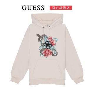 【GUESS】圖騰刺繡異材質拼接連帽帽T(杏)