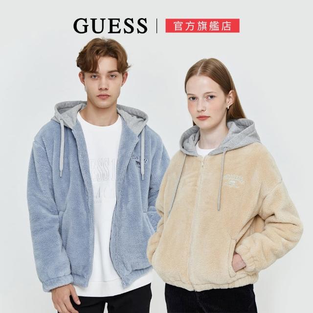 【GUESS】毛絨抽繩連帽外套(兩色任選)