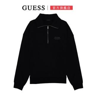 【GUESS】簡約低調小字母Logo半拉鍊長袖刷毛上衣(兩色任選)