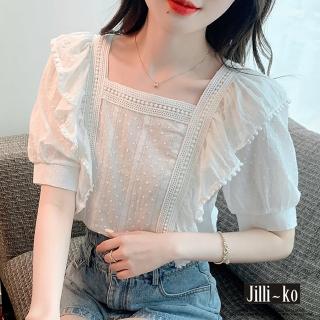 【JILLI-KO】小清新方領荷葉邊甜美蕾絲泡泡袖上衣-F(白)