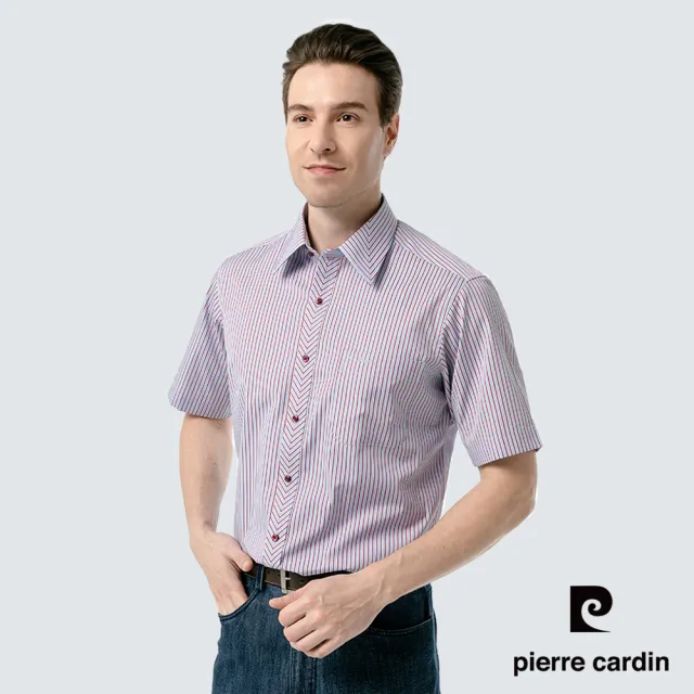 【pierre cardin 皮爾卡登】男襯衫 進口素材高紗支純綿親膚休閒條紋短袖襯衫_藍底紅細條(52207-35)