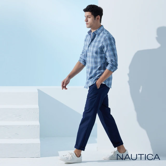 NAUTICA 男裝 經典防潑水修身素面長褲(深藍)