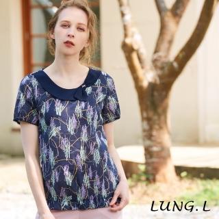 【LUNG.L 林佳樺】LP64A藍色印花造型領棉質短袖上衣(加大尺碼 女裝)