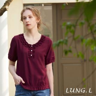 【LUNG.L 林佳樺】LP78A酒紅色抽褶圓領短袖上衣(加大尺碼)