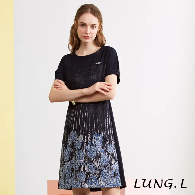 【LUNG.L 林佳樺】LP35H 藍色針織拼接蕾絲短袖洋裝(棉質 女裝)