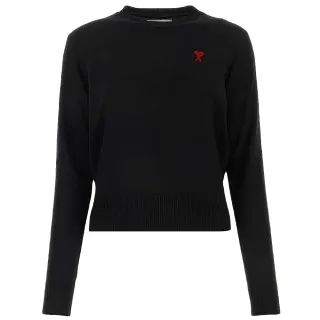 【AMI PARIS】春夏新款 女款 品牌刺繡LOGO羊毛針織衫-黑色(S號、M號、L號、XL號)