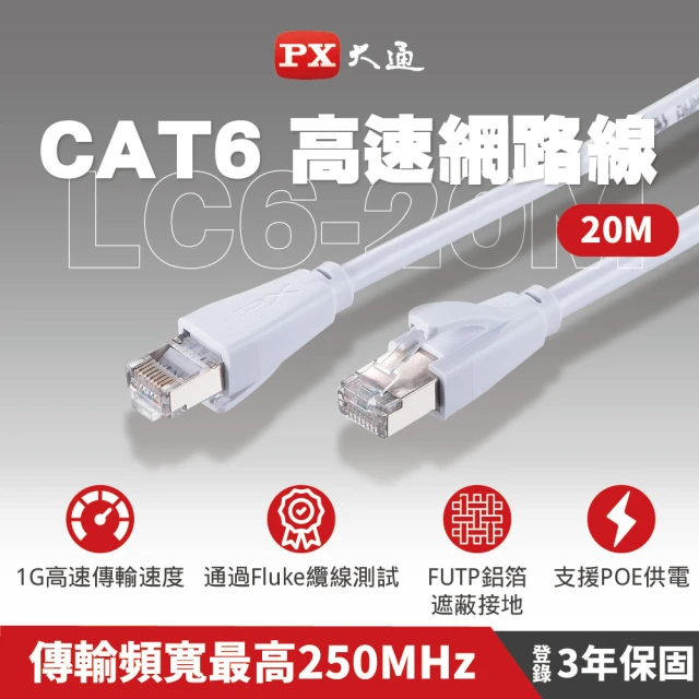 【PX 大通-】CAT6高速20M20米250M乙太1G網路線Fluke線纜測試RJ4網路攝影機POE供電交換器