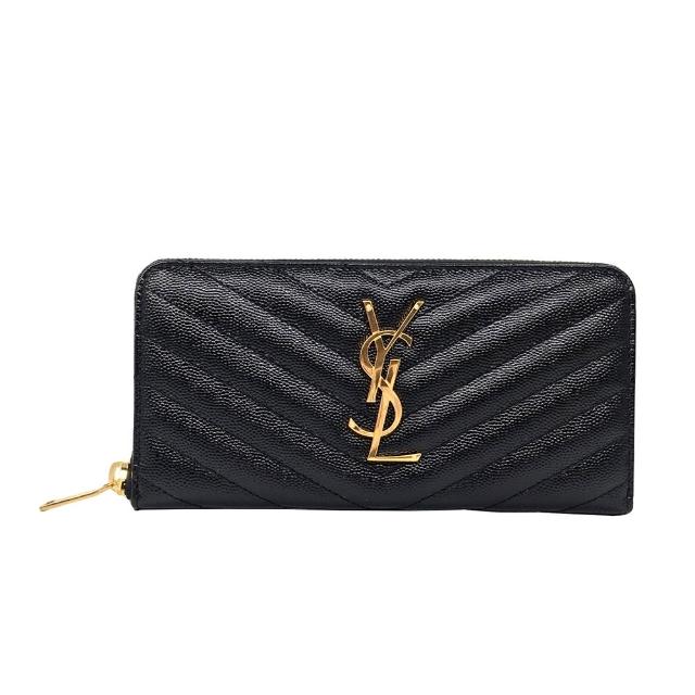 【YSL】358094 黑 金字(V紋荔枝牛皮 拉鍊長夾)