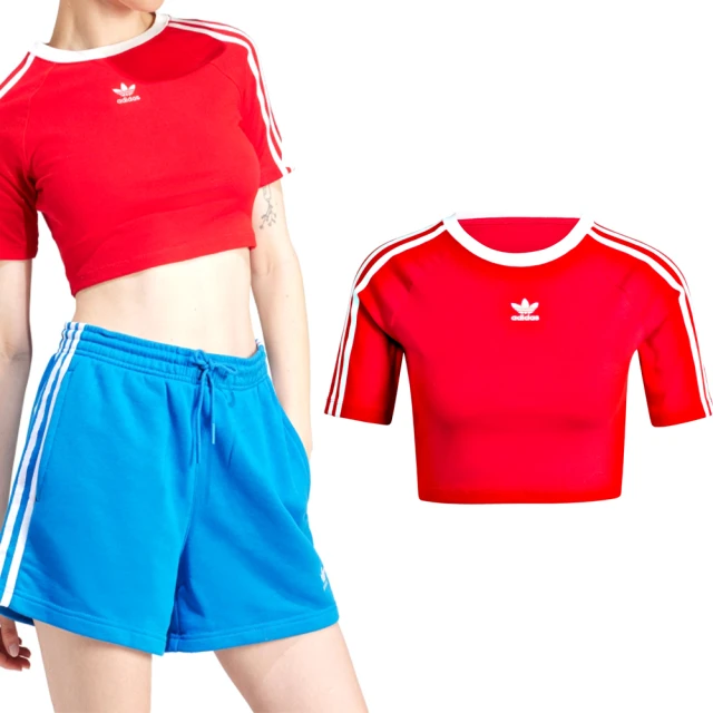 adidas 愛迪達adidas 愛迪達 3-Stripes Baby Tee 女款 紅色 短版 運動 休閒 上衣 短袖 IP0665